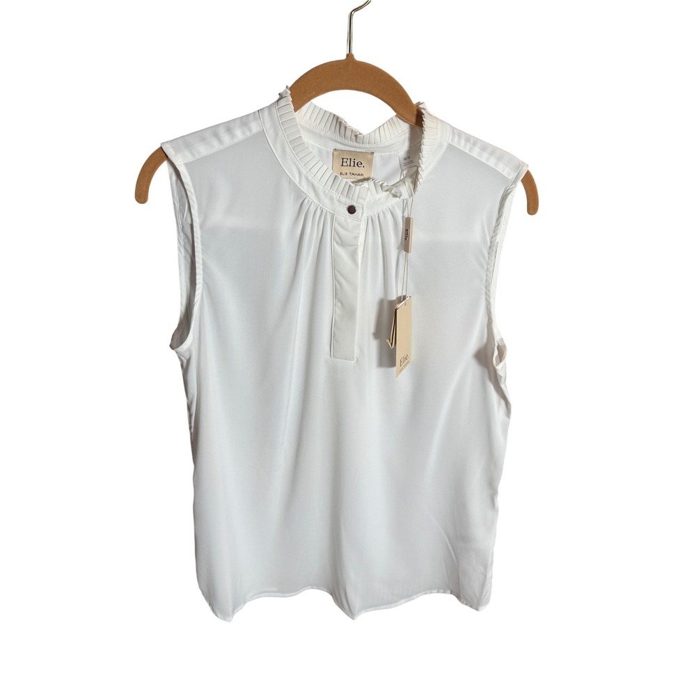 Elie Tahari White Sleeveless Pleated Ruffle Neck Blouse Top M/M Modest Minimal - Picture 2 of 8